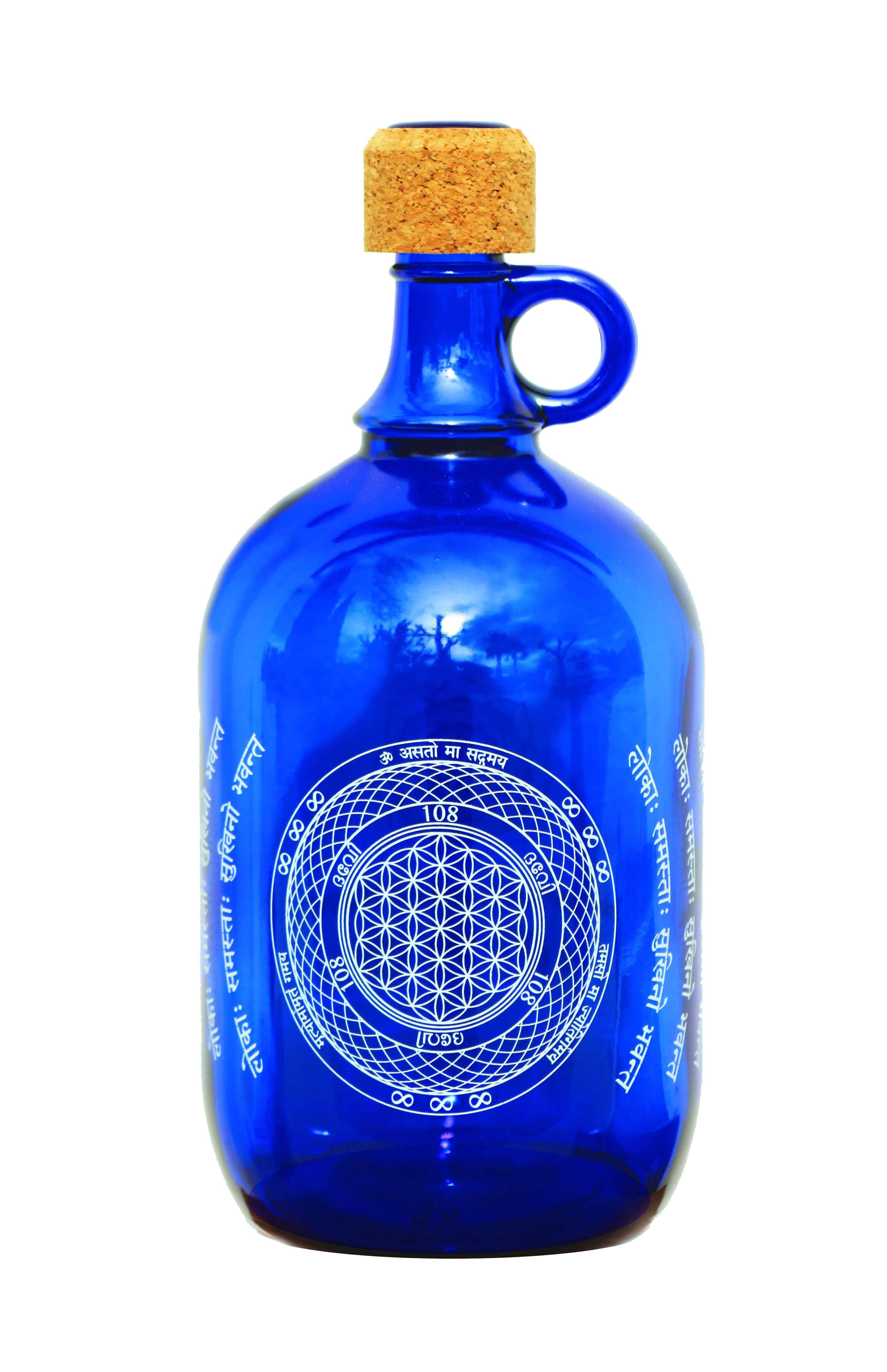 Devi Water, "Flower of Life", Blue Glass Water Bottle, 2L