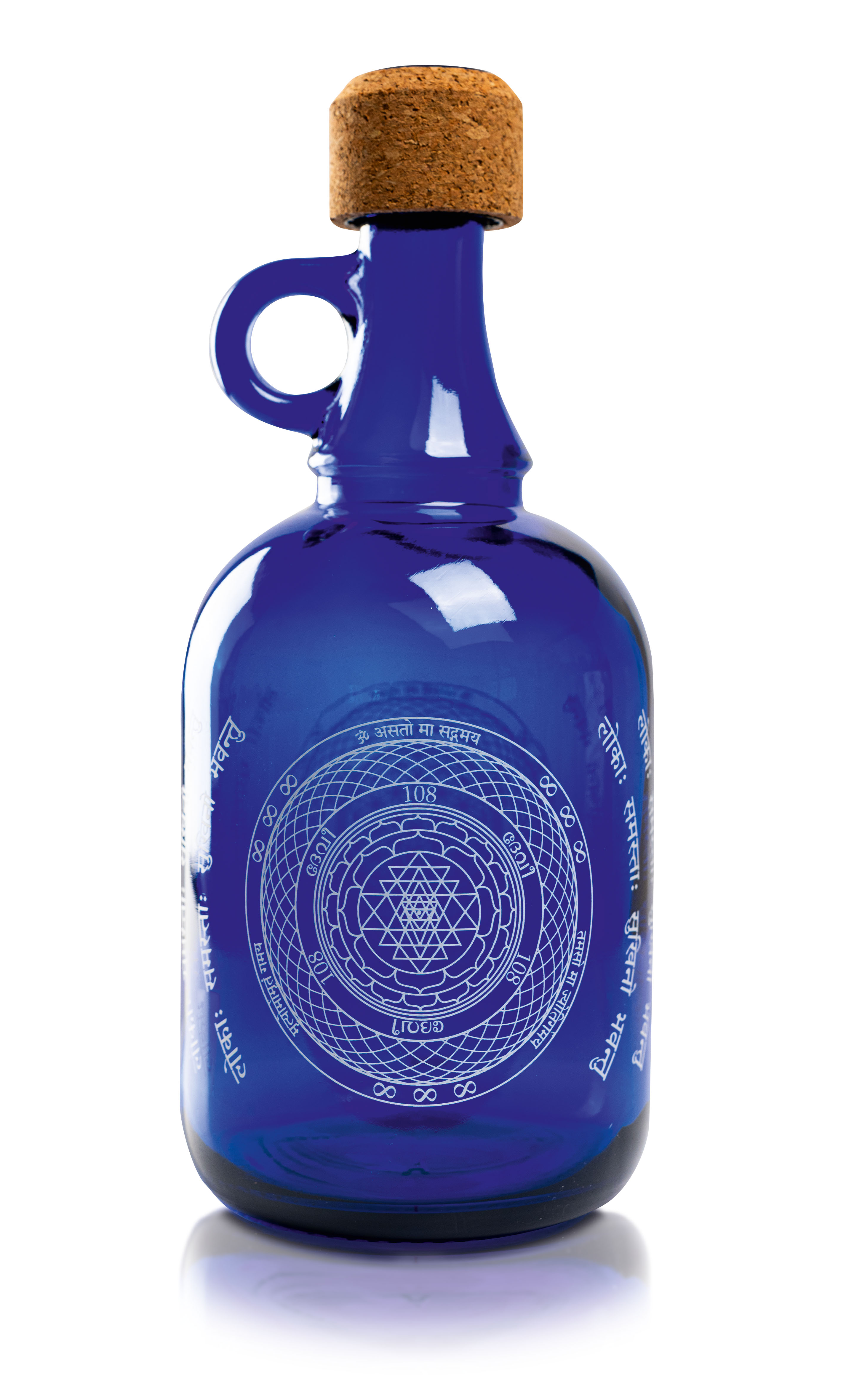 Devi Water, blue glass water bottle, 1L